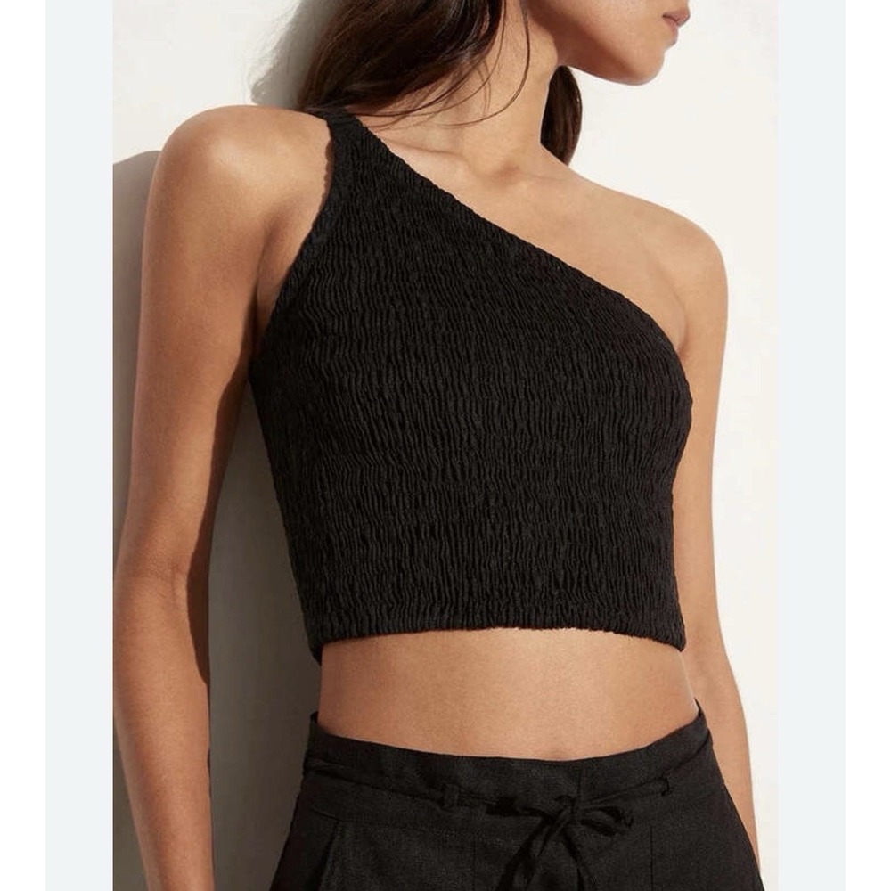 Faithfull The Brand Le Manoa Cropped One Shoulder‎ Top Size 6 Medium Black Linen
